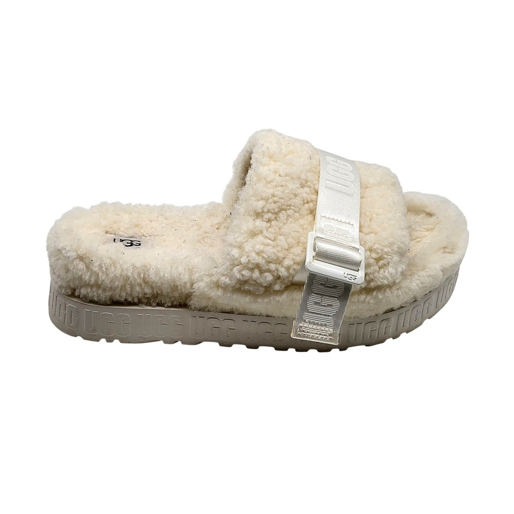 UGG Ribbon Fluff Yeah Ivory Slide Logo Platform Sheepskin Women Sandals Size 9‎